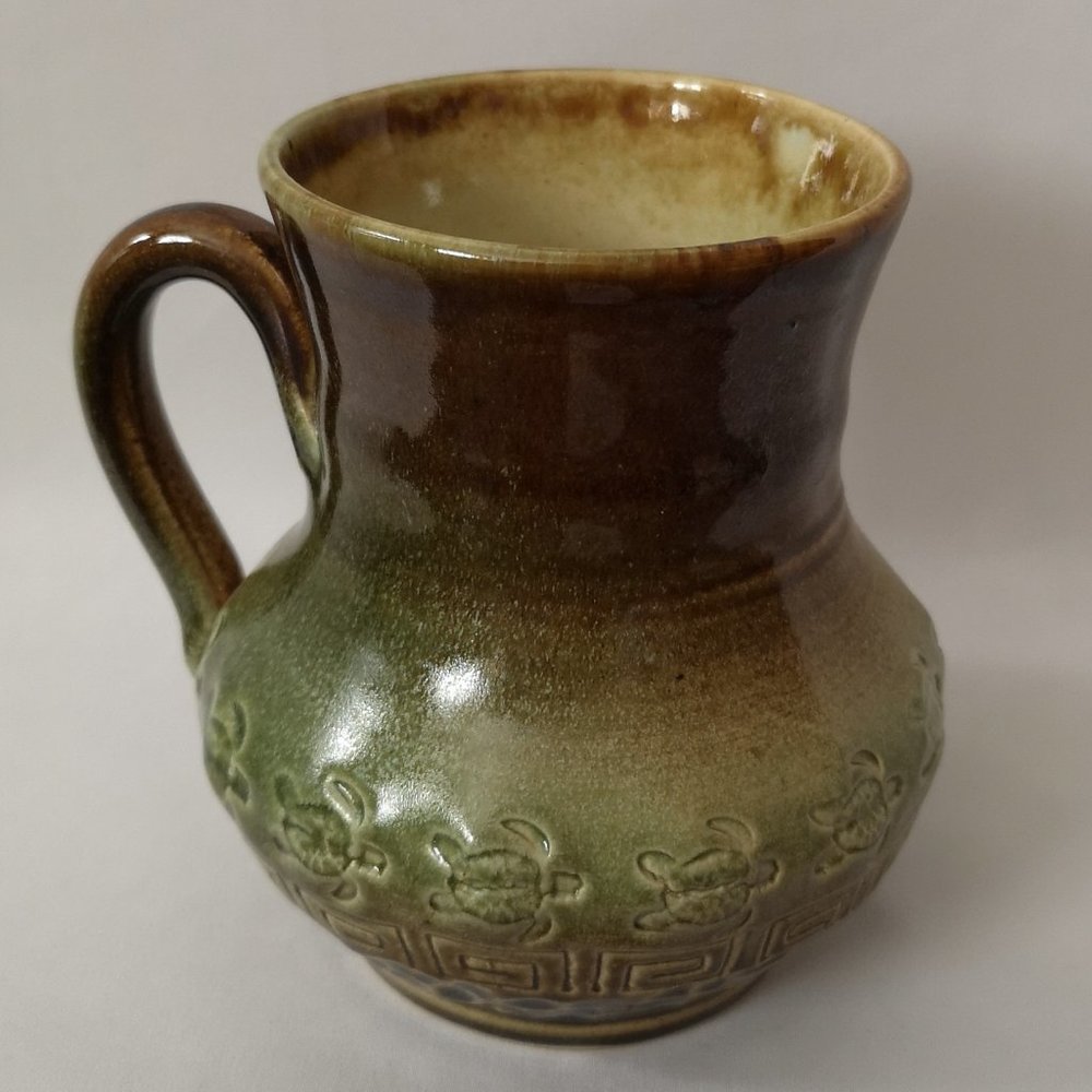 Studio Art Pottery Signed Vase / Pitcher Earthtones with Sea Turtle & Greek Key